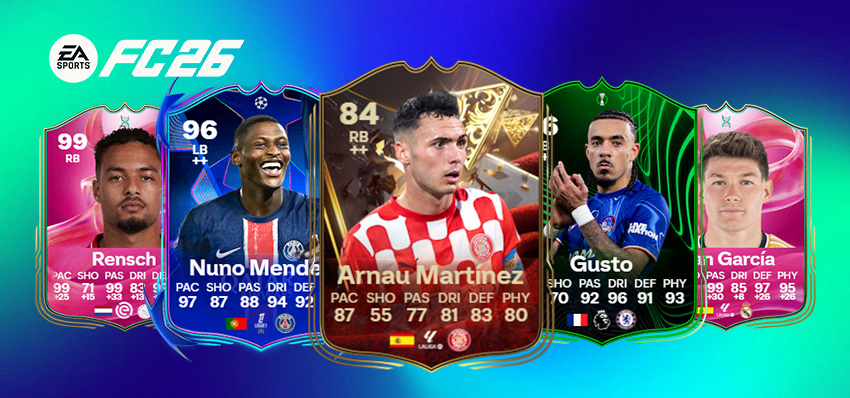 Five FC 26 player cards for defenders on a pink and green background.