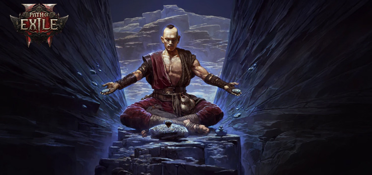 Path of Exile 2 character art featuring a bald monk in meditation pose with red robes, sitting on stone steps with mystical blue energy surrounding him