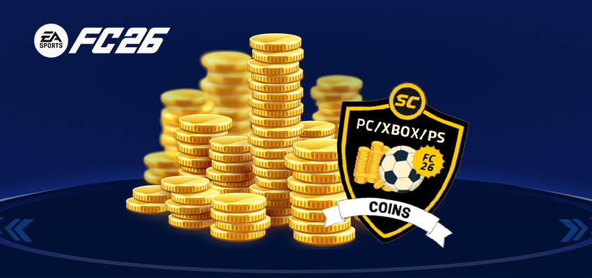 Stapel goldener Münzen mit einem Emblem für PC/XBOX/PS und FC26-Logo.