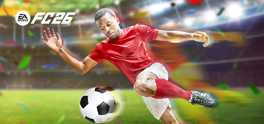 Fußballspieler in rotem Trikot auf einem Stadionhintergrund, begleitet vom FC26-Logo.