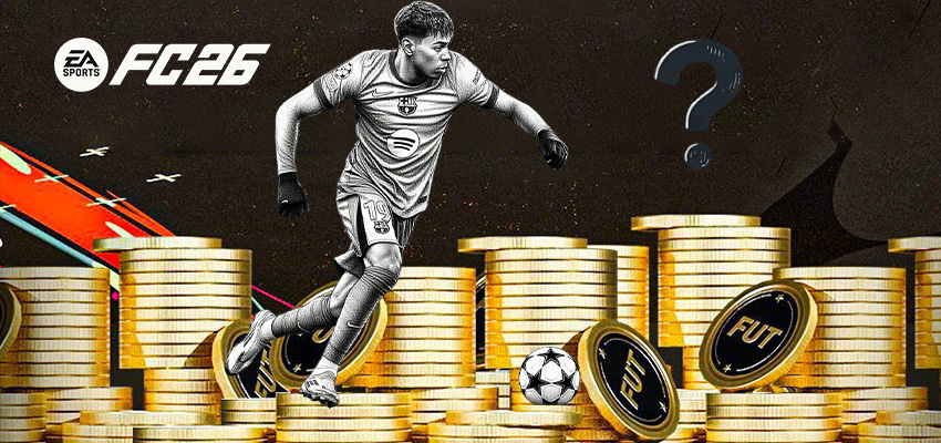 Fußballspieler in Aktion vor einem Stapel goldener Münzen und einem Fragezeichen, mit FC26-Logo.