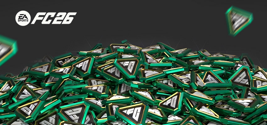 Ein Haufen dreieckiger grüner Marken mit EA Sports FC26-Logo.