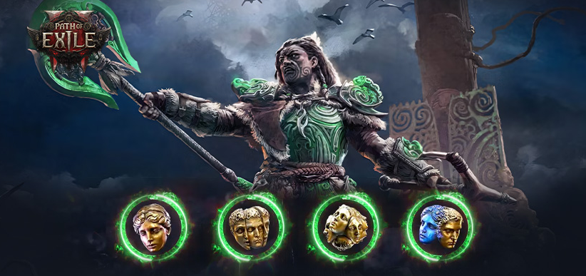 Path of Exile 2 game logo with a warrior character wearing tribal armor and fur, wielding a staff with green magical energy. Below the character are four circular medallions with golden face reliefs, all surrounded by green magical auras