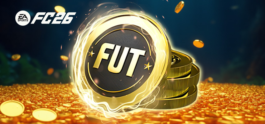 A gold stack of coins with the text FUT on top, surrounded by scattered coins.