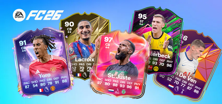 Five FC 26 player cards for central defenders on a purple and orange background.