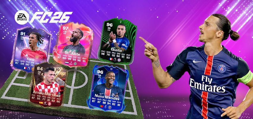 Spieler-Karten auf einem Fußballfeld, daneben ein Spieler, der auf die Karten zeigt, mit einem lila Hintergrund und Lichteffekten.