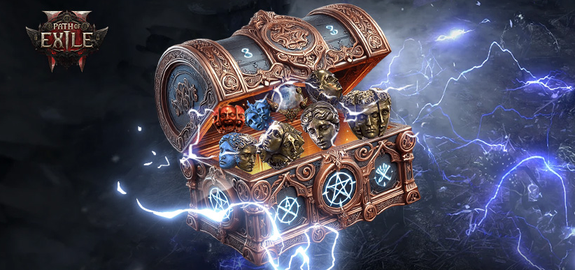 Path of Exile 2 game logo above an ornate treasure chest filled with face medallions and mystical symbols, surrounded by blue lightning effects against a dark stormy background