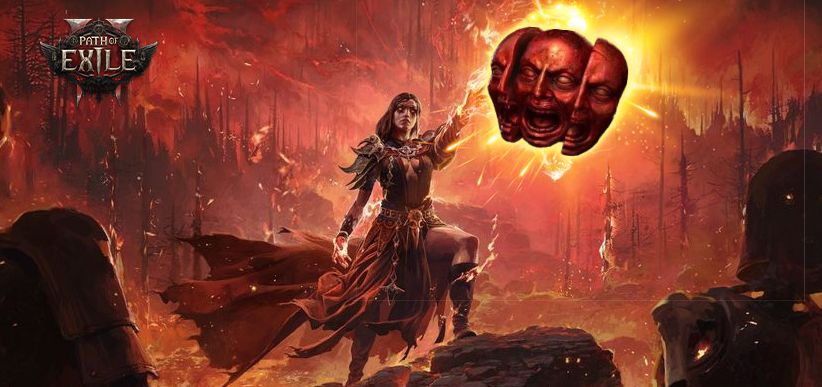Path of Exile 2 game logo above a scene of a female character in a flowing red robe casting magic, controlling a floating mask-like object that emits golden light, set against a fiery red apocalyptic landscape