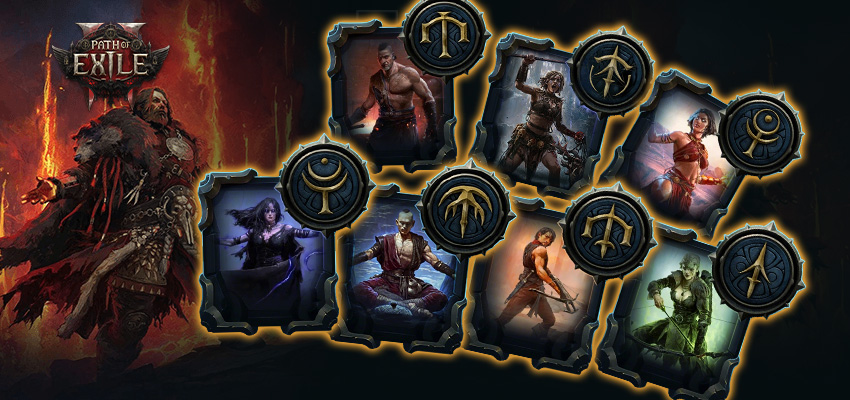 Path of Exile promotional image showing various character classes arranged in a skill tree-like formation with class symbols, featuring different character archetypes from the game