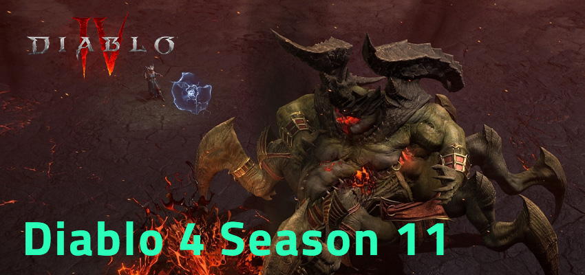 Diablo 4 Season 11 - Ein mächtiger dämonischer Krieger mit Hörnern und glühenden roten Augen steht in einer dunklen, feurigen Umgebung