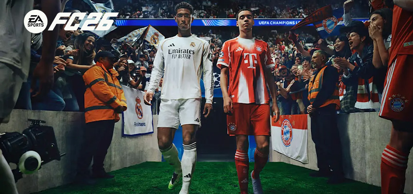 EA Sports FC 26 Werbebild mit zwei Fußballspielern in Trikots von Real Madrid (weiß) und Bayern München (rot) im Spielertunnel vor einem Champions-League-Spiel. Die Spieler werden von Fans und Fotografen umgeben