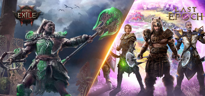 Path of Exile vs Last Epoch Vergleich - Linke Seite zeigt einen Path of Exile Charakter mit leuchtendem grünem Stab vor dunklem atmosphärischem Hintergrund