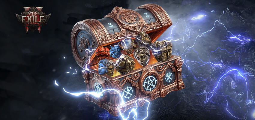 Path of Exile game logo above an ornate treasure chest filled with face medallions and mystical symbols, surrounded by blue lightning effects against a dark stormy background