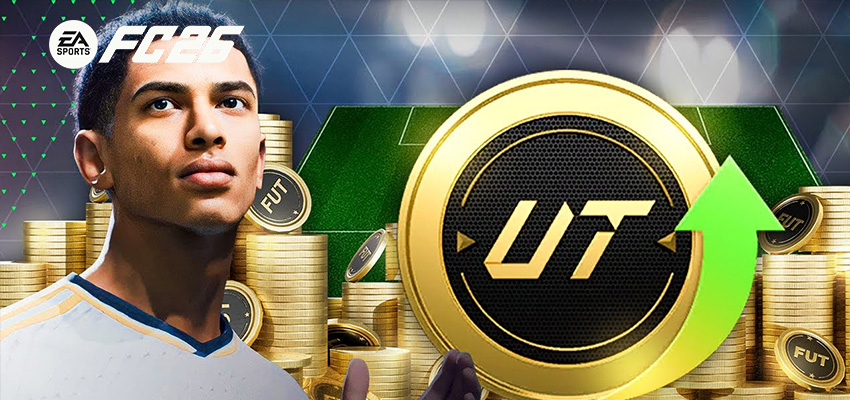 EA Sports FC25 Werbebild mit einem Fußballspieler in weißem Trikot auf der linken Seite. Rechts ist eine große goldene FUT-Münze (FIFA Ultimate Team) mit einem grünen Aufwärtspfeil zu sehen, umgeben von weiteren Goldmünzen, die den Wertanstieg der virtuel