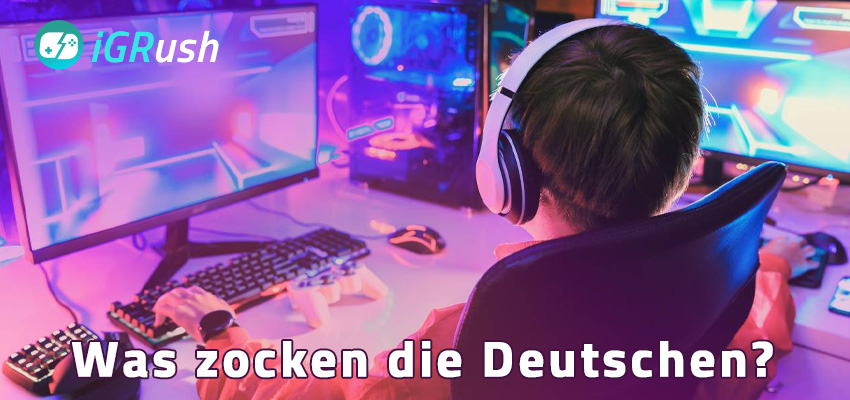 Was zocken die Deutschen? - Gaming-Setup mit Gamer in weißen Kopfhörern an Dual-Monitor-PC-Station mit RGB-Tastatur und Gaming-Maus