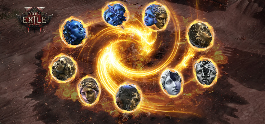 Path of Exile 2 game logo above a circular arrangement of face-like medallions or orbs with different expressions, all connected by glowing golden energy swirls against a dark stone background