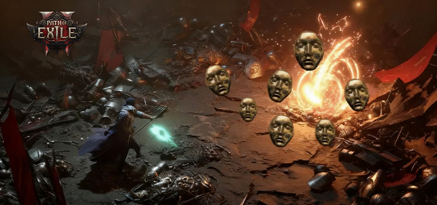 Path of Exile illustration of a robed adventurer standing before a giant temple gate with flaming braziers and towering statues