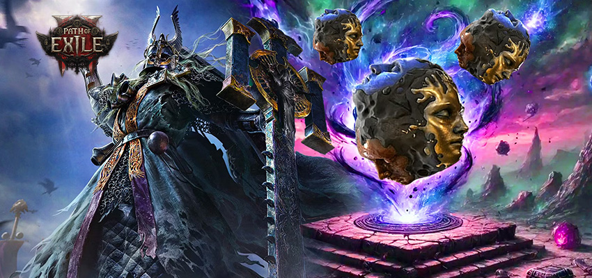 Path of Exile endgame artwork showing a towering undead warlord beside a cosmic altar, with three molten-stone masks orbiting a purple vortex