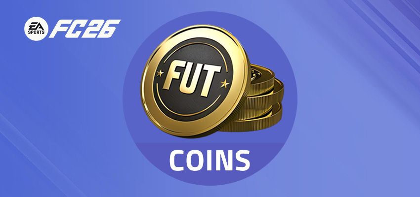 Goldene FUT-Münzen auf blauem Hintergrund mit EA Sports FC26-Logo.