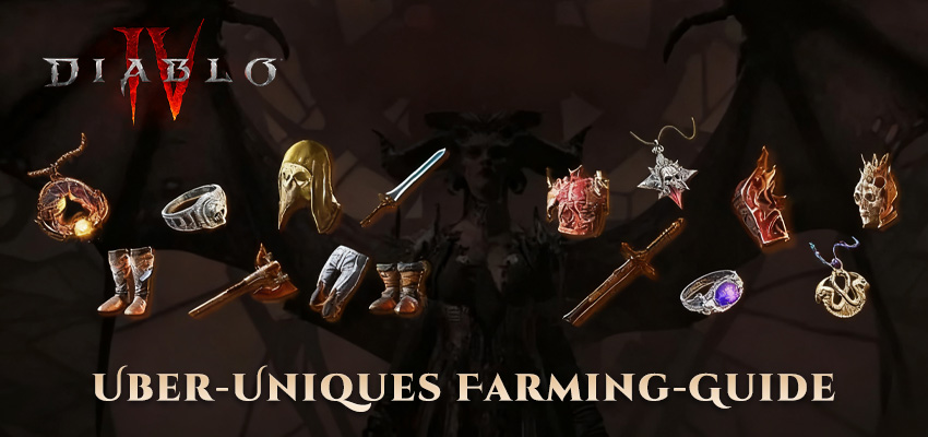 Diablo 4 Uber-Uniques Farming-Guide Banner mit verschiedenen legendären Gegenständen wie Ringen, Helmen, Waffen, Rüstungen und Amuletten auf dunklem Hintergrund
